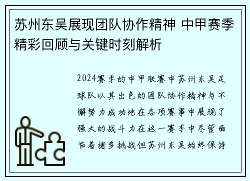 苏州东吴展现团队协作精神 中甲赛季精彩回顾与关键时刻解析 苏州东吴展现团队协作精神 中甲赛季精彩回顾与关键时刻解析
